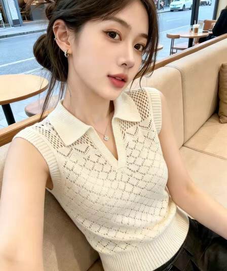 한 부서 POLO 칼라 홀로우 아웃 민소매 니트 스웨터 여성 2026 여름 새로운 몸매 가꾸기 슬림해 보이는 외국 가스 연령 감소 맨위 트렌디