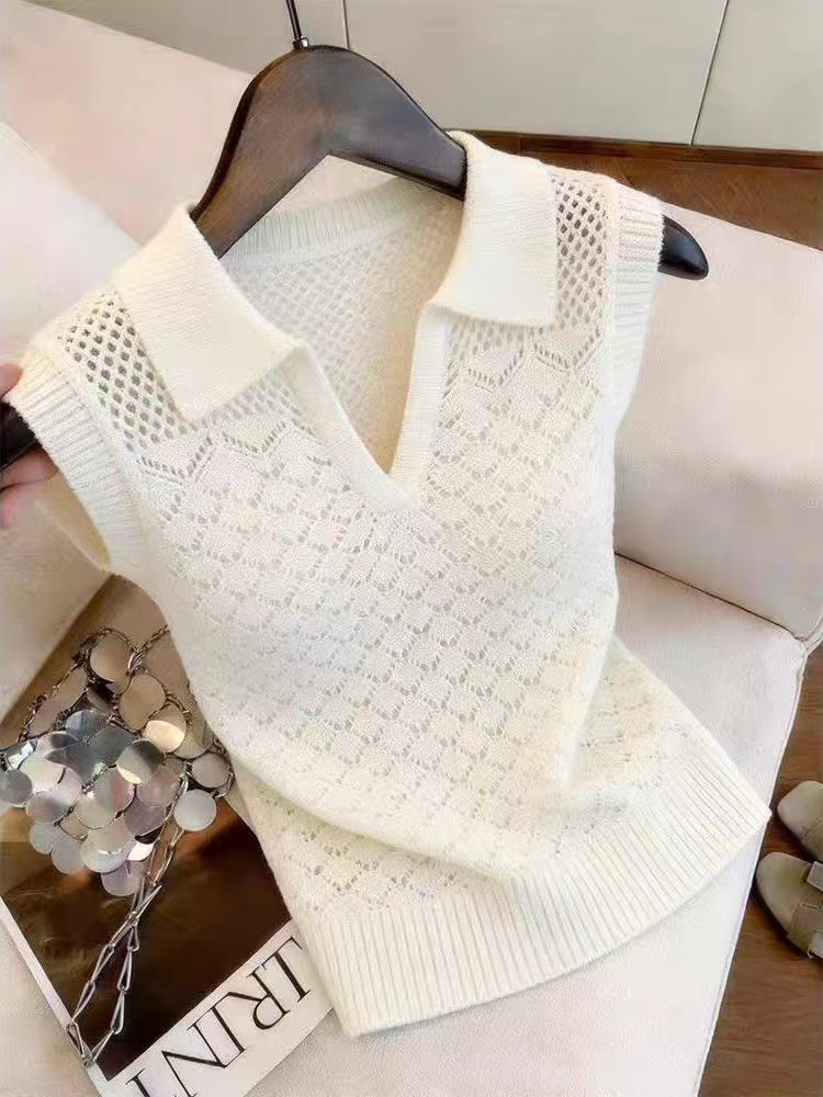 순수한 욕망 POLO 칼라 얼음 실크 니트 조끼 여성 여름 2026 새로운 디자인 센스 슬림해 보이는 홀로우 아웃 민소매 작은 맨위