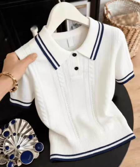 뽕나무 누에 실크 배색 POLO 칼라 반팔 니트 티셔츠 여성 여름 작은 대중 고유 한 얼음 실크 슬림해 보이는 캐주얼 바람 맨위