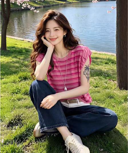 시징 2026 여름 새로운 스트라이프 패치워크 색상 Feifei 소매 짠 셔츠 얇은 스타일 불규칙 티셔츠