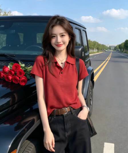 POLO 칼라 빨간색 볼륨 측면 반팔 니트 스웨터 여성 2026 년 새로운 여름 얇은 스타일 티셔츠 미니멀리즘 슬림해 보이는 맨위