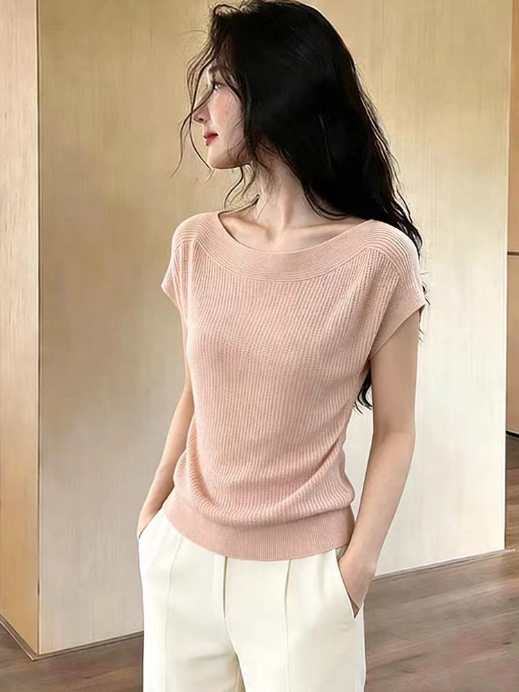 한 부서 착용 가져 가라. 핑크색 오프숄더 니트 반팔 티셔츠 여성 여름 작은 키 튀김 거리 고유 한 아름다운 쇼트 스타일 맨위