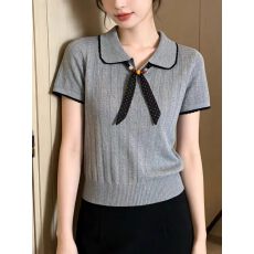 批发灰色polo领短袖针织衫女款2026新款夏季韩系修身显瘦薄款女士上衣
