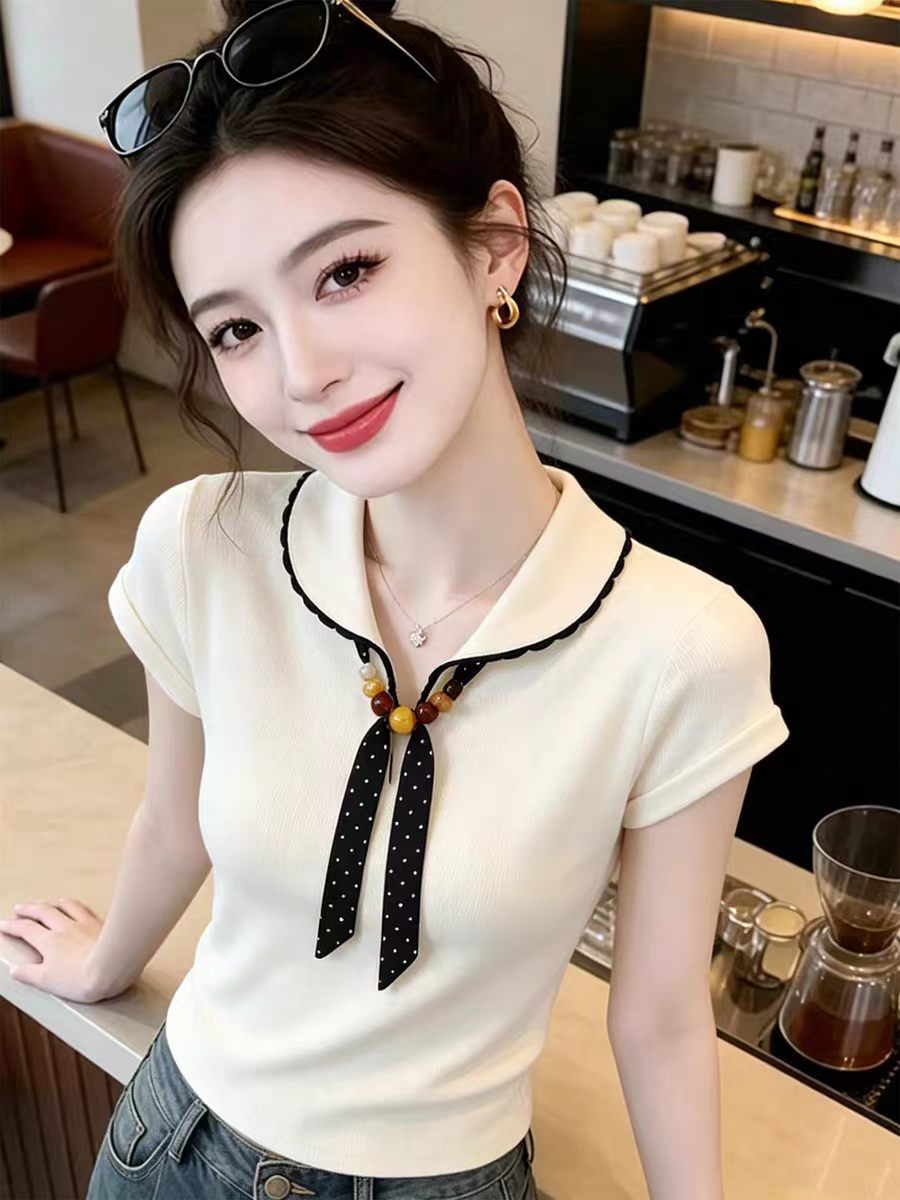 한 부서 바람 패션 디자인 센스 스카프 베이비 칼라 반팔 티셔츠 여성 여름 새로운 몸매 가꾸기 슬림해 보이는 연령 감소 맨위