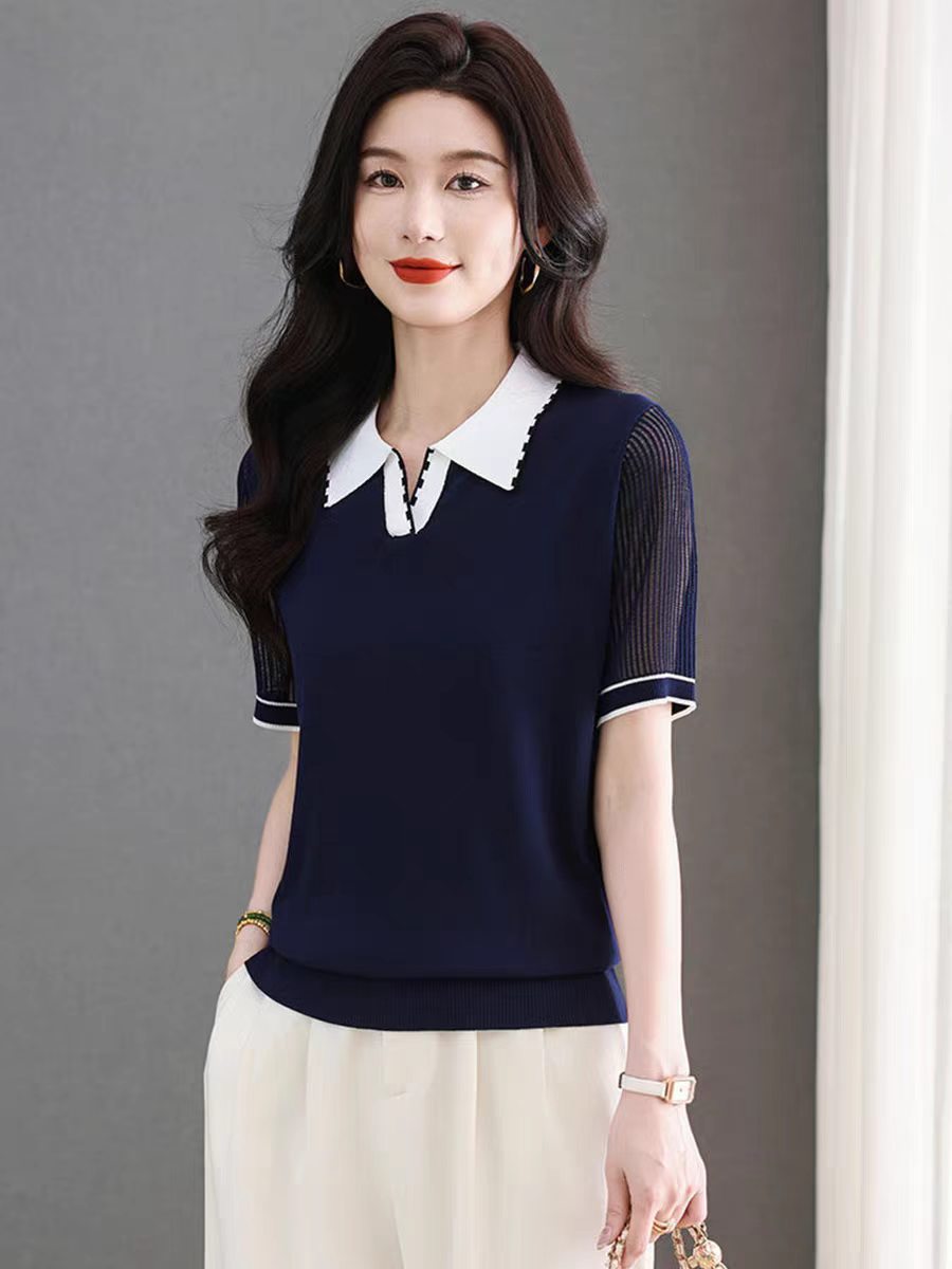 폴로 칼라 배색 폭발 얼음 실크 반팔 티셔츠 여성 2026 여름 새로운 빅 사이즈 루즈핏 다용도 니트 스웨터 맨위