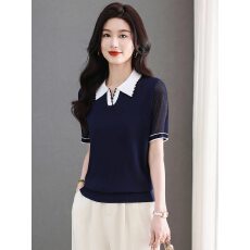 批发翻领撞色爆款冰丝短袖T恤女2026夏季新款大码宽松百搭针织衫上衣