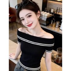 批发一字肩复古辣妹风短袖针织T恤女夏季新款条纹撞色显瘦减龄小上衣