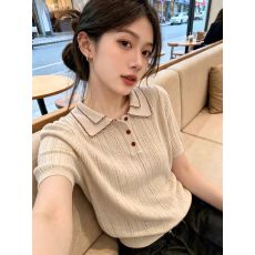 批发老钱风polo领针织短袖t恤女夏季薄款镂空慵懒松弛感显瘦宽松上衣