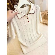批发学院风撞色Polo衫2026夏季大码短袖翻领针织衫米白色休闲气质上衣