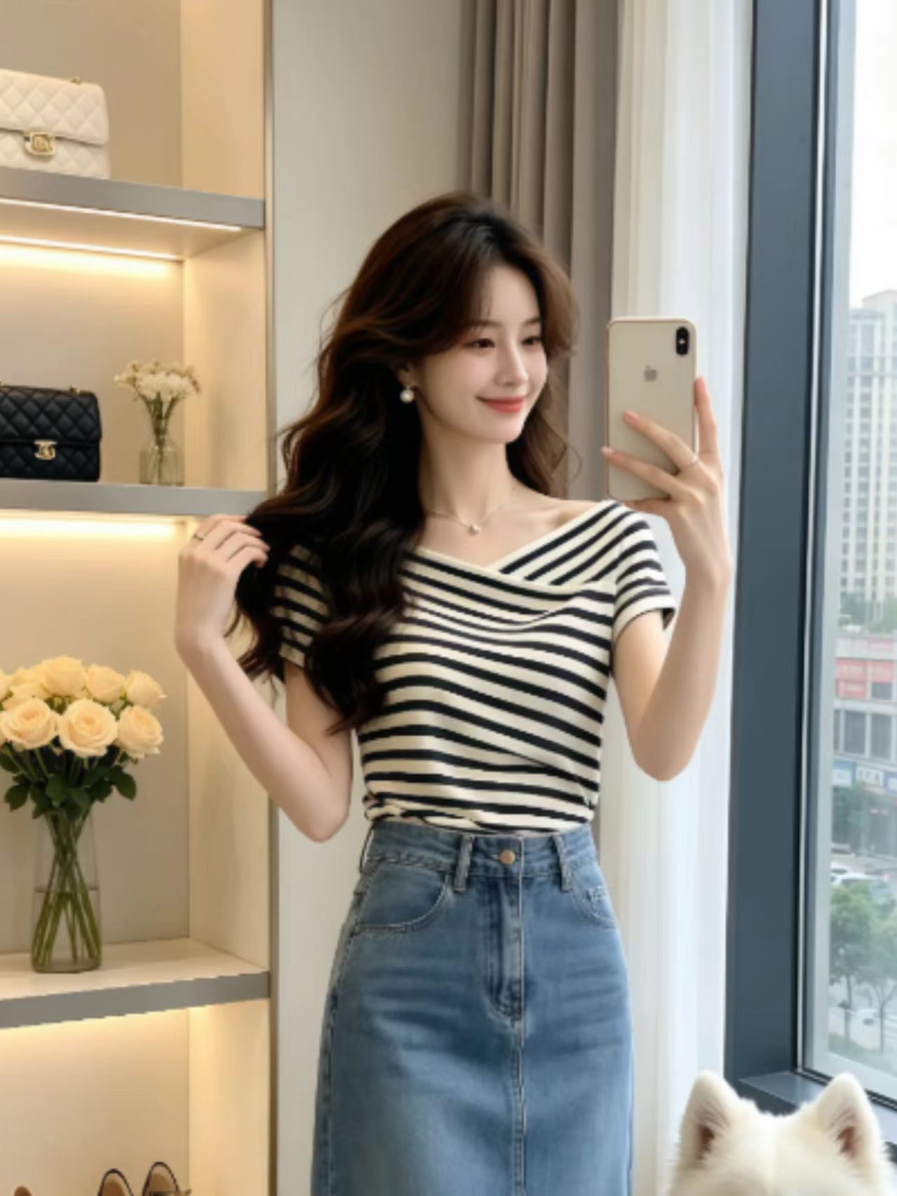 여름 느슨함 디자인 센스 스트라이프 십자가 V넥 반팔 티셔츠 여성 의류 새로운 작은 대중 패션 다용도 슬림해 보이는 맨위