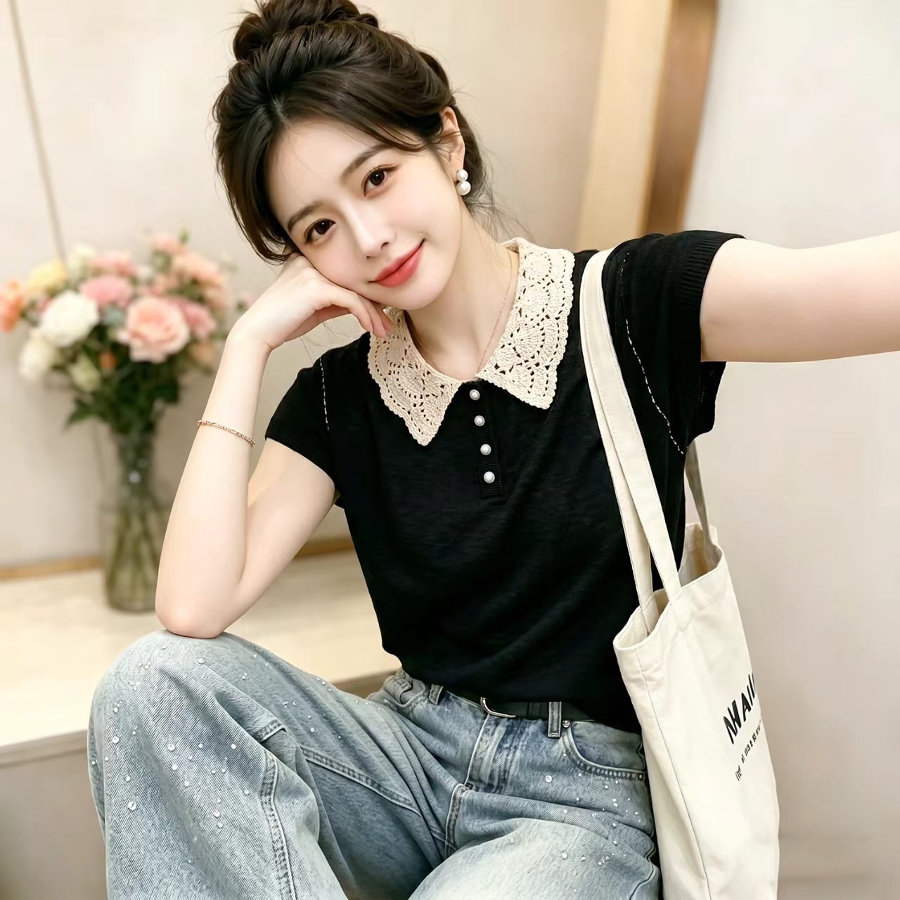 여름 새로운 자수 레이스 베이비 칼라 패치워크 색상 스트라이프 연령 감소 다용도 맨위 여성 Feifei 소매 얇은 스타일 니트 스웨터