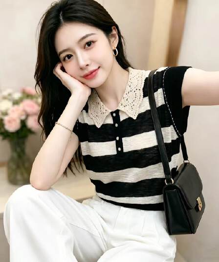 여름 새로운 자수 레이스 베이비 칼라 패치워크 색상 스트라이프 연령 감소 다용도 맨위 여성 Feifei 소매 얇은 스타일 니트 스웨터