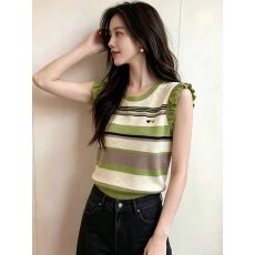 批发夏季时尚无袖花边圆领冰丝针织衫女装绿色条纹设计感减龄漂亮<b class='q'>小衫</b>