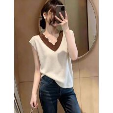 批发轻熟风撞色<b class='q'>V领</b>气质针织衫女大码胖MM夏季法式独特别致巨显瘦上衣