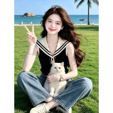 批发黑色海军领<b class='q'>泰国</b>绝美不撞款无袖T恤女2026夏季超火减龄巨好看上衣