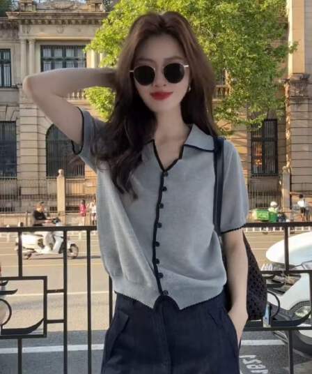 한 부서 POLO 칼라 회색 반팔 얼음 실크 니트 오픈 가디건 여성 자이언트 잘 생긴 ~ 중 여름 고유 한 아름다운 맨위 얇은 스타일