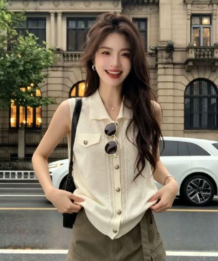 오래된 돈 바람 폴로 칼라 싱글 줄 버튼 민소매 니트 조끼 여성 2026 여름 얇고 가벼운 슬림해 보이는 다용도 베스트 작은 맨위