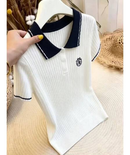 한 부서 학원 스타일 배색 POLO 칼라 니트 스웨터 여성용 짧은 소매 빅 사이즈 슬림해 보이는 다용도 루즈핏 외국 가스 연령 감소 맨위