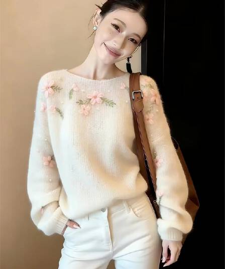매화 요리 한 포도 나무 꽃 모헤어 양 양모 혼합 부드러운 바람 수공 자수 자수 스웨터 여자