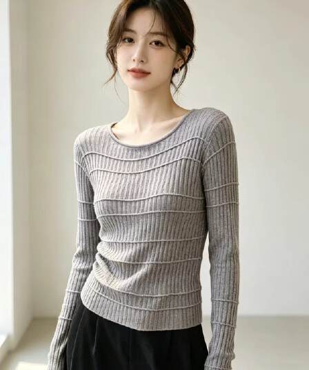 이른 가을 부드러운 찹쌀 프로 피부 레이어링 질감 니트 긴 소매 맞춤 자르기 단색 라운드 넥 출퇴근 스택 착용 기본 셔츠 여성