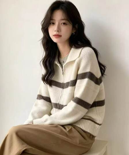 배색 스트라이프 터틀넥 양모 니트 오픈 가디건 여성 유럽 역 2026 겨울 의류 새로운 유럽 상품 여성 의류 기본 셔츠 트렌디