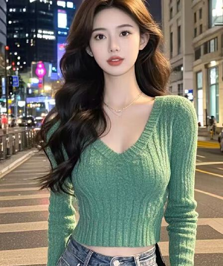 긴팔 V넥 니트 스웨터 2026 새로운 여성 가을 디자인 센스 품격 부드러운 미니멀리즘 몸매 가꾸기 다용도 쇼트 스타일 맨위