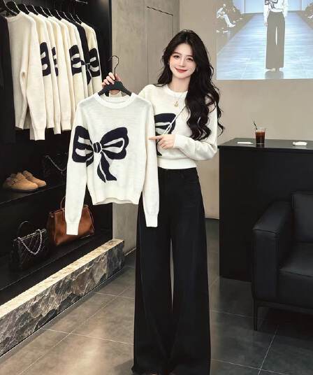 화이트 나비 매듭 자외선 차단 루즈핏 긴팔 니트 스웨터 여성 2026 조기 가을 고급 센스 miu 부서 프랑스식 맨위
