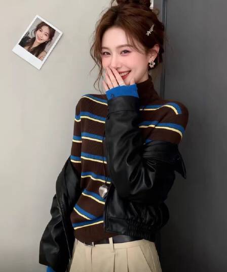 자이언트 잘 생긴 ~ 중 이른 가을 스트라이프 기본 셔츠 여성 인사이드 가져 가라. 고급 사소한 스웨터 반하이넥 긴팔 니트 스웨터 맨위