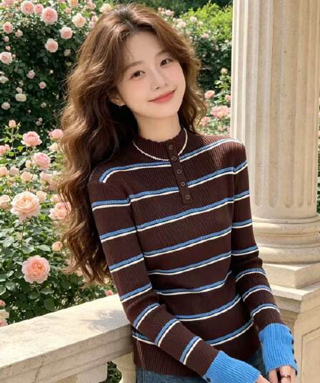 빅 사이즈 여성 의류 스트라이프 반하이넥 긴팔 털 니트 스웨터 이른 가을 마이크로 지방 mm 자이언트 슬림해 보이는 인사이드 가져 가라. 기본 셔츠 맨위