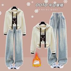 批发时尚套装#加绒加厚连帽刺绣款气质宽松卫衣搭配<b class='q'>松紧</b>腰抽绳<b class='q'>牛仔裤</b>