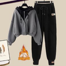 批发小个子时尚加绒套装女秋冬气质短款炸街连帽卫衣显瘦<b class='q'>高腰</b>束脚卫裤