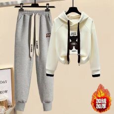 批发女连帽红色卫衣冬季两件套刺绣休闲女束脚裤时尚加厚套装加绒洋气