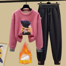 批发时尚套装哈伦卫裤搭配束脚裤套头加绒休闲裤女上衣假两件加厚<b class='q'>短款</b>