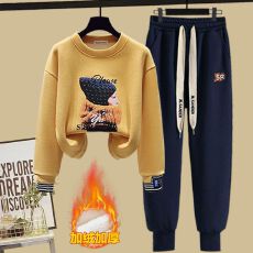 批发时尚套装#假两件加绒加厚<b class='q'>短款</b>套头上衣搭配束脚裤哈伦卫裤休闲裤
