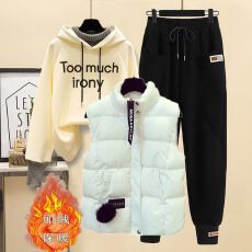 批发加绒加厚套装冬季新款假两件卫衣<b class='q'>女</b>束脚哈伦<b class='q'>休闲裤</b>卫裤马甲三件套