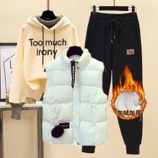 批发加绒加厚秋冬季宽松半高领卫衣<b class='q'>休闲裤</b>束脚哈伦卫裤马甲三件套装<b class='q'>女</b>