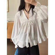 批发<b class='q'>韩版</b>2026春温柔小姐姐木耳边褶皱系带宽松娃娃衬衫