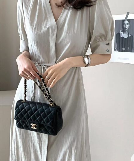 V넥 부서 벨트 반팔 드레스 롱 스커트 미니멀리즘 바람 품격 한국 스타일 chic 익스트림 제인 빛 요리 한