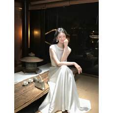 批发优雅气质缎面飘带连衣裙慵懒高级名媛风高腰A字显瘦长裙