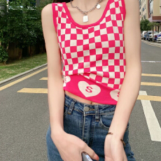 批发背心字母黑白<b class='q'>棋盘</b><b class='q'>格</b>子内搭气质时髦御姐针织吊带背心女 冰爽丝