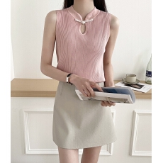 批发夏<b class='q'>新款</b>女装针织背心新中式纯色百搭<b class='q'>旗袍</b>领民族风上衣 冰爽丝