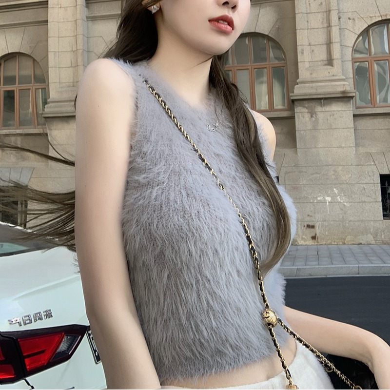 민소매 스웨터 여자 밍크 울 풀오버 조끼 가을 겨울철 쇼트 스타일 플리스 플러시 기본 셔츠 외출용 모방 fall 털