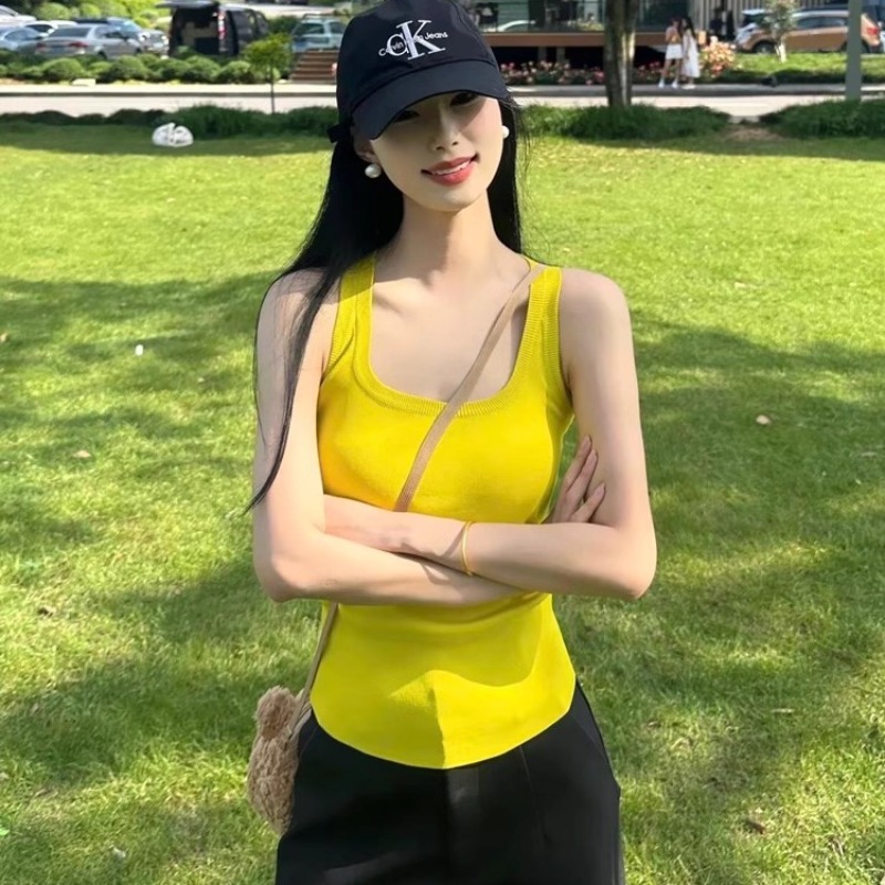 아메리칸 레트로 민소매 단어 캐미솔 여성 의류 여름 단색 핫걸 몸매 가꾸기 다용도 외출용 얼음 차가운 실크