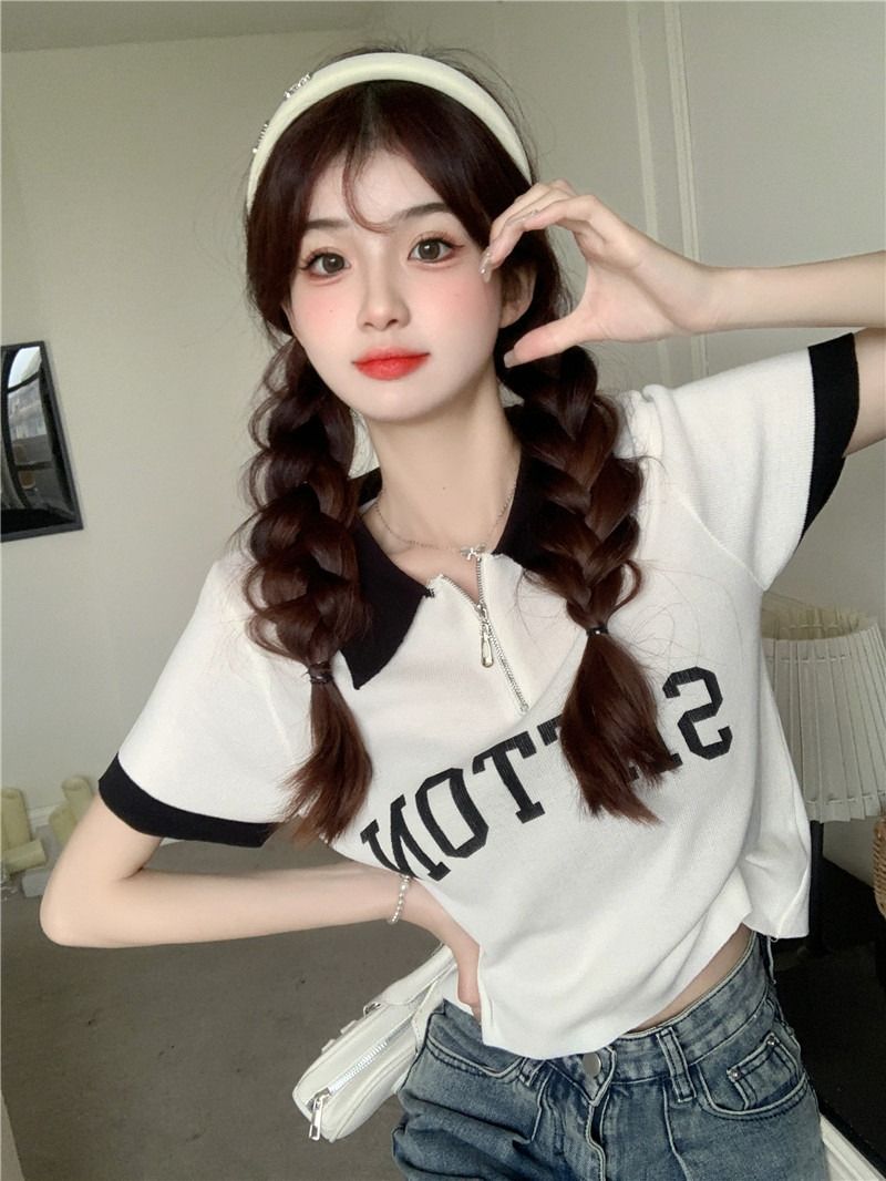 배색 패치워크 POLO 칼라 긍정적 인 어깨 티셔츠 여성 여름 새로운 루즈핏 학생 한국 스타일 ins 반팔 맨위 얼음 차가운 실크