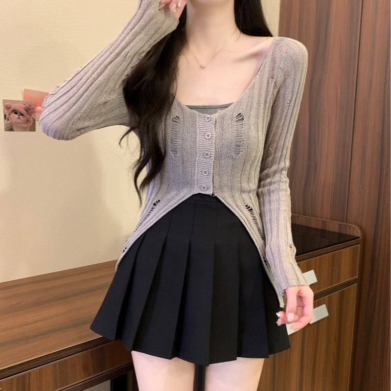 홀로우 아웃 찢어진 부분 자외선 차단 티셔츠 여성 여름 얇은 스타일 슬립 외부 가져 가라. 홀로우 아웃 블라우스 에어컨 셔츠 모방 아마