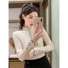 批发半高领女春修身内搭长袖拼接假两件蕾<b class='q'>丝</b>针织秋冬季上衣 <b class='q'>包</b><b class='q'>芯</b>纱