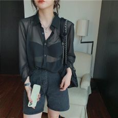 批发100-200斤大码女装小心机露背珍珠链条长袖<b class='q'>雪纺</b>防晒衬衣