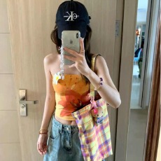 批发广州面料220克 美式复古生无袖抹胸女夏季辣妹短款花朵印花上衣服