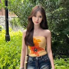 批发40支精棉拉架220克 美式复古无袖抹胸女夏季辣妹短款花朵印花上衣