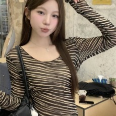 批发原版优质面料 长袖斑马纹v领T恤女秋季2025新款复古打底衫上衣潮